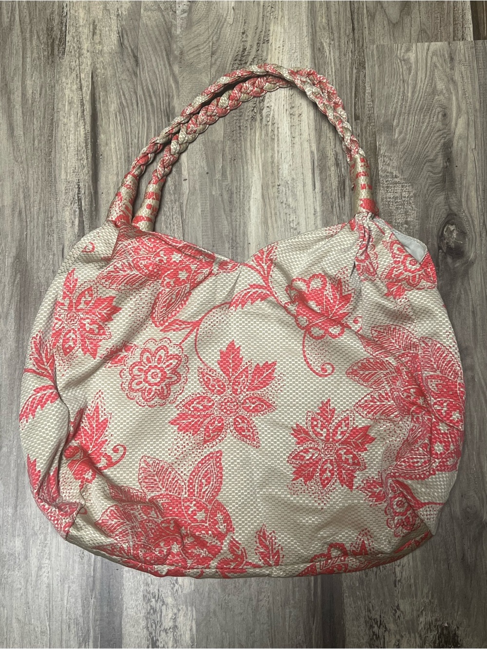 Old Navy Large Floral Hobo Shoulder Bag Pink Coral Cream Braided Strap One Size